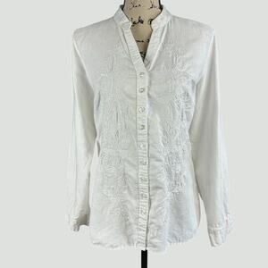 Tweeds Shirt Women Size L White Linen Embroidered Floral Button Up Blouse Top
